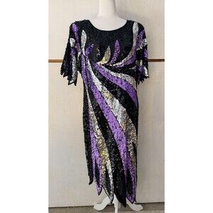 Iris Vintage Sequin Beaded Dress XL Black Purple Silver Cocktail Party